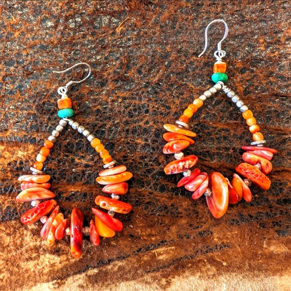 Orange Spiny Oyster Turquoise Sterling Silver Hoop Drop Earrings HM OAK - Picture 1 of 4